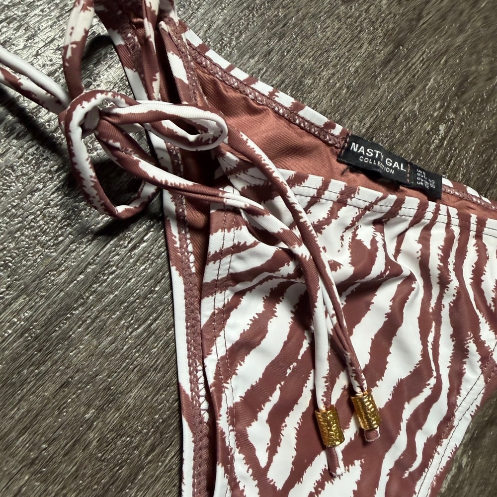 Nasty Gal Bikini Bottom Womens 8 Mauve Brown Zebra Print Side Tie Gold Hardware